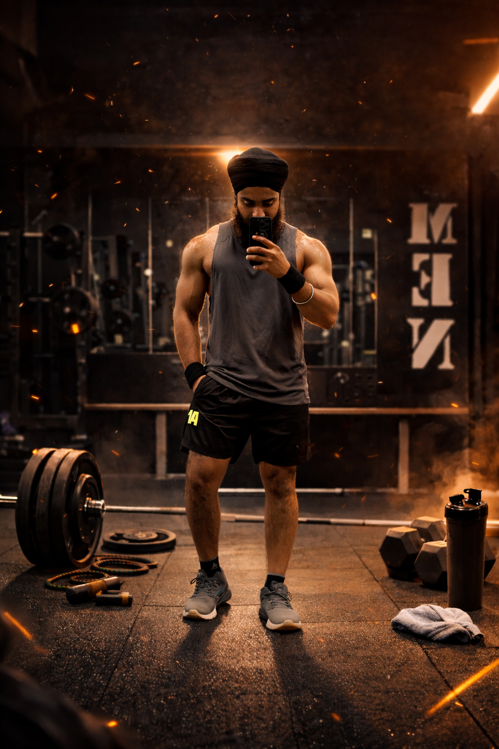 Karam Singh, coach at 13TH.MUSCLE, standing in a dark gym